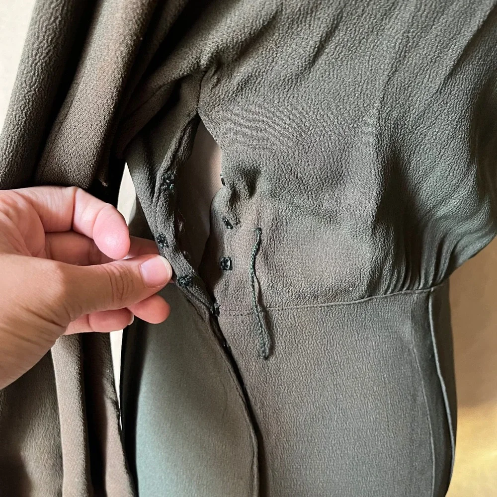 Vintage 1940s Forest Green High Neck Tie Dress Button Back Bell Sleeve XS S